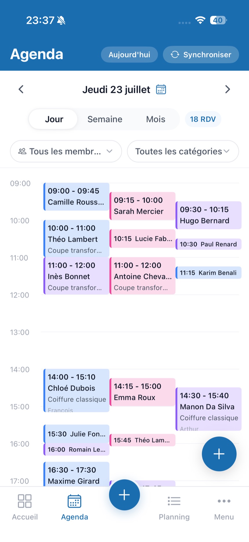 Agenda Opatam d’une équipe, une colonne par membre en vue journée