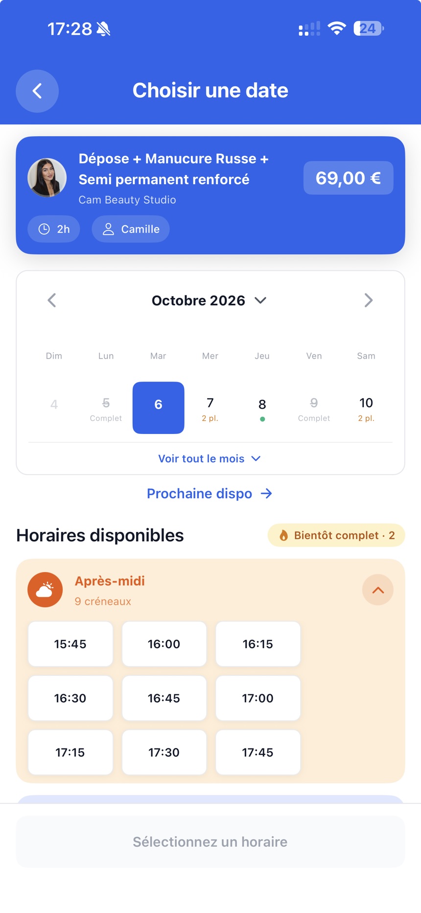 Sélection d’une date et d’un horaire dans l’application Opatam