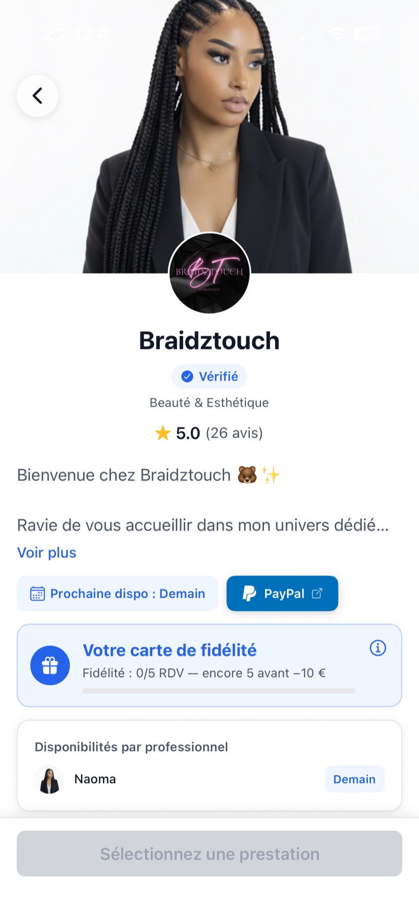 Page Braidztouch dans l’application Opatam : photo, avis et carte de fidélité